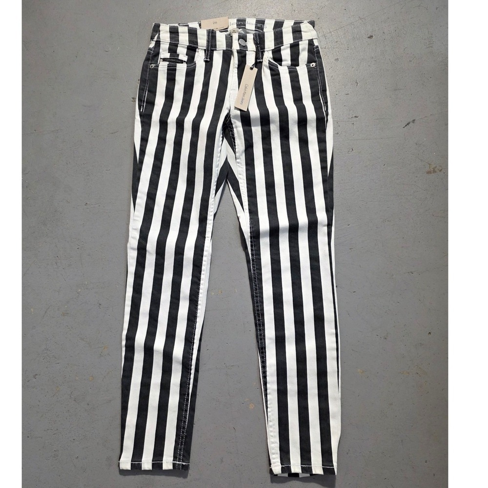 Calvin Klein Jeans Black White Stripe Ankle Skinny Womens Size 26 Pants - Picture 1 of 8
